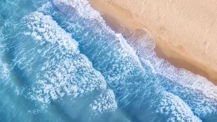 Papier Peint photo autocollant Photo aérienne Beach and waves from top view. Aerial view of luxury resting at sunny day. Summer seascape from air. Top view from drone. Travel concept and idea