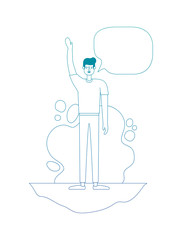 man with hand up and speech bubble