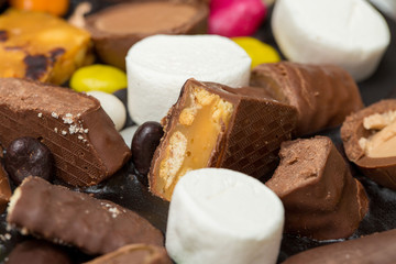 Chocolate cake candy bar closeup