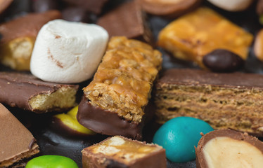 Chocolate cake candy bar closeup
