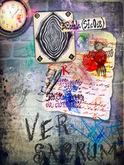 Poster Oude muur met graffiti, manuscripten en klok © Rosario Rizzo