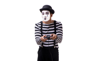 Mime with joystick isolated on white background 