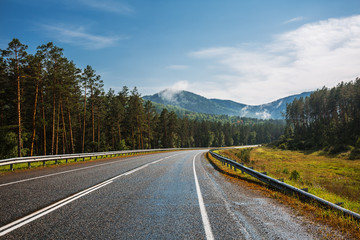 Road chereh mountain landscape. The Altai Mountains, Southern Siberia