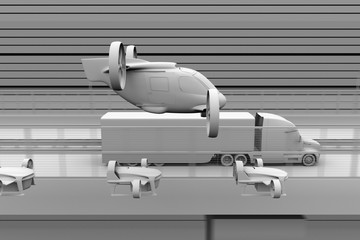 Clay rendering of Passenger Drone Taxi, fleet of delivery drones flying along with truck driving on the highway. 3D rendering image.