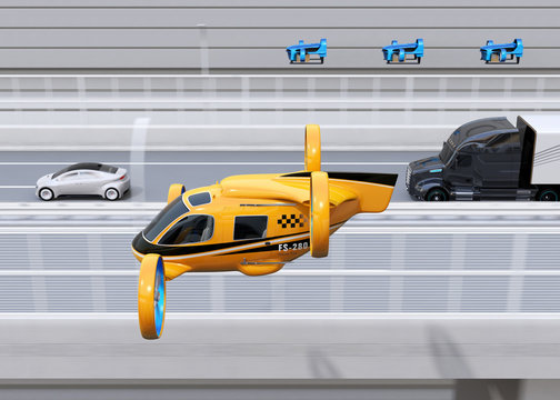 Orange Passenger Drone Taxi, fleet of delivery drones flying along with truck driving on the highway. 3D rendering image.