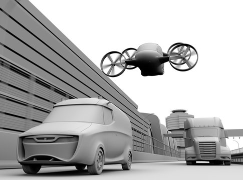 Clay rendering of passenger drone flying over delivery van and truck on highway. 3D rendering image.