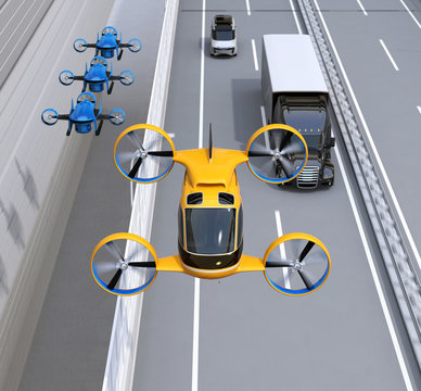 Front view of orange Passenger Drone Taxi, fleet of delivery drones flying along with truck driving on the highway. 3D rendering image.