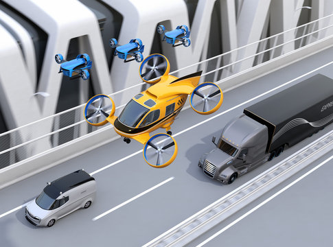 Orange Passenger Drone Taxi, fleet of delivery drones flying along with truck driving on the highway. 3D rendering image.