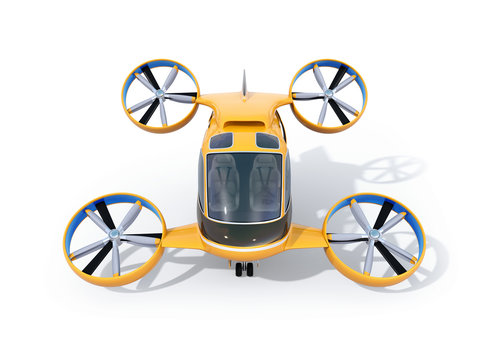 Front view of orange Passenger Drone Taxi isolated on white background. 3D rendering image.