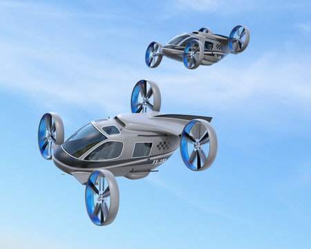 Two Passenger Drone Taxis flying in the sky. 3D rendering image.