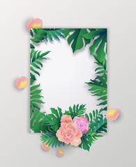 Summer sale banner with tropical leaves and pink roses background, exotic tropical leaves design for banner, flyer, invitation, poster, web site or greeting card.  vector illustration