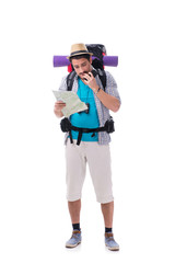 Man lost and looking for direction with map on white