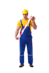 Funny worker wearing coveralls with tape