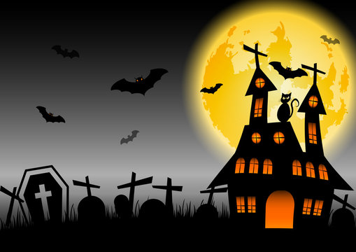 Halloween background with haunted house and black cat