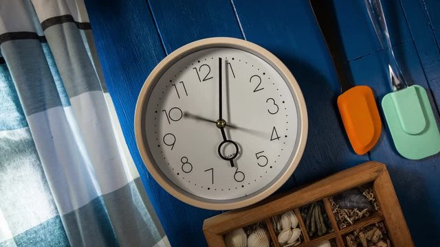 Time lapse clock - camera rotates with big hand of a clock from 06:00-07:00