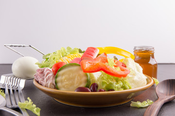 close up,.Salad healthy food on black stone background. .isolated.
