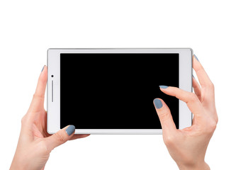 Woman hand using mock up digital tablet isolated clipping patch