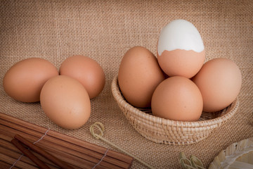 Set Eggs in a basket on  gunny (sackcloth)  background