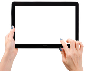 Woman hand using mock up digital tablet isolated clipping patch