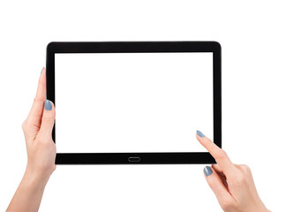 Woman hand using mock up digital tablet isolated clipping patch