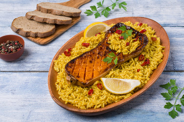Baked Butternut squash with spicy rice