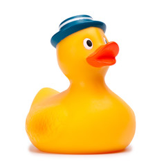 Yellow rubber duck isolated on white background.
