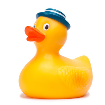 Yellow rubber duck isolated on white background.
