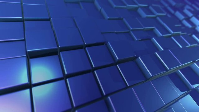 An exciting 3d rendering of dark blue cubes and rectangles lit with shining side sun rays. They form a flat background resembling a computer keyboard placed diagonally.