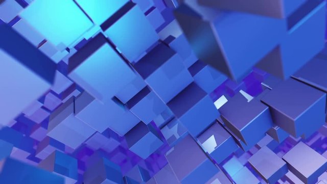 An op art 3d rendering of shining blue columns of flying cubes moving down. They are shot like a diagonal panorama and create the spirit of cheerfulness and technological advance