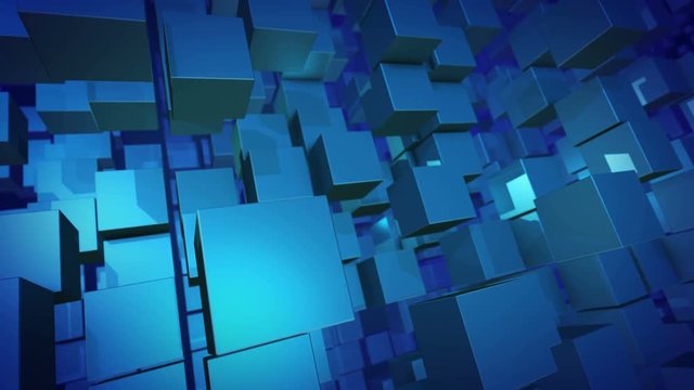 An optical art 3d rendering of sparkling blue columns of flying cubes moving aside. They are shot like a horizontal panorama and form the spirit of innovation and development