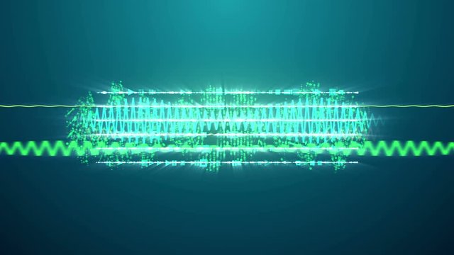 An optimistic 3d rendering of narrow green and celeste musical spirals with subliminal texts shimmering for a half of a second. They are on the dark blue backdrop and generate the mood of joy.