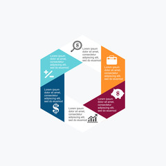 Illustration of hexagon infographic with six parts with different colors and with round corners and with simple signs in each part on white background