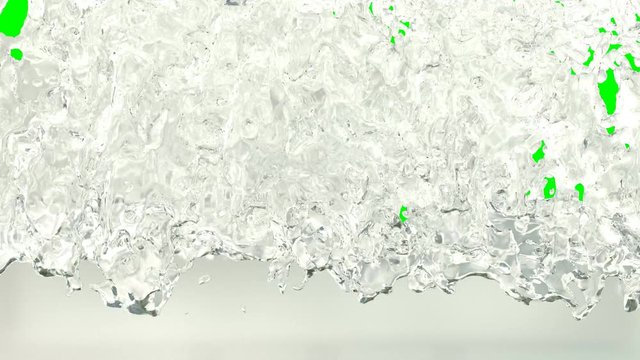 Animated three fountains of realistic jet or rocket fuel erupting and splashing filling up whole container against green background.