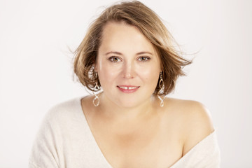 Cute full-length woman smiling, close-up