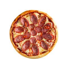Tasty, homemade, flavorful pizza isolated on white background, top view