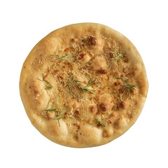 Tasty, homemade, flavorful pizza isolated on white background, top view