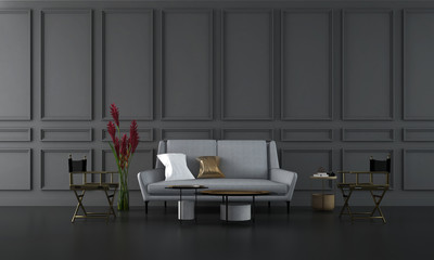 Modern minimal iving room interior design and black texture wall pattern backgroun