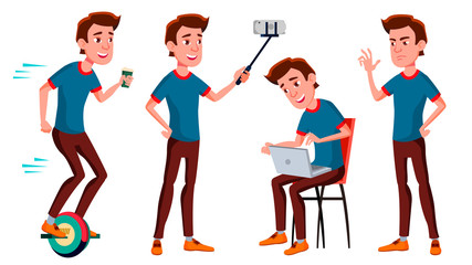 Teen Boy Poses Set Vector. Funny, Friendship. For Advertisement, Greeting, Announcement Design. Isolated Cartoon Illustration