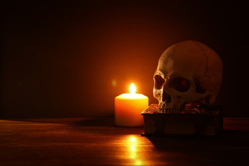 Human skull, old book and burning candle over old wooden table and dark background.