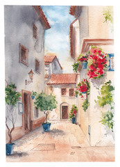 Fototapeta na wymiar Sunny Spain. Houses with flowers on a narrow street. Watercolor.