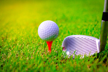 Golf ball and golf clubs on the Course. Golf ball on Orange tee. They are prepare to shot. Photo for health and game. 