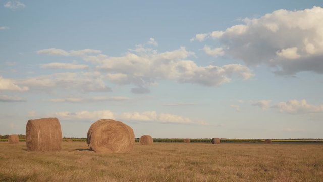 Beautiful Summer Farm Scenery with Haystacks. Field Landscape with Rolls and Sky. Agriculture Concept.