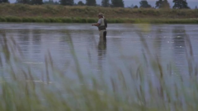 Fisherman flyfishing in river of Montana state, slowmotion