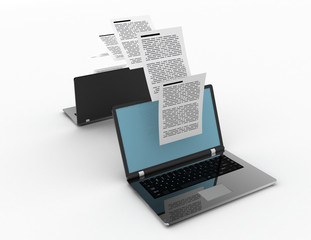 Files transfer between laptops. 3d illustration.