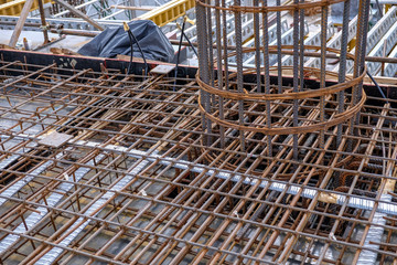 Closeup of Steel rebars.Steel Rebars for reinforced concrete Floor.