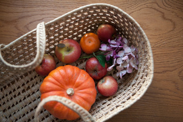 Wicker Basket filled with autumnal Vegetables and Fruits, Thanksgiving