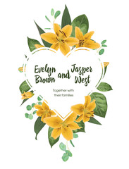 Valentine greeting card, invite card. Vector watercolor style herbs, eucalyptus, yellow lilly, waxflower natural, botanical green, decorative heart