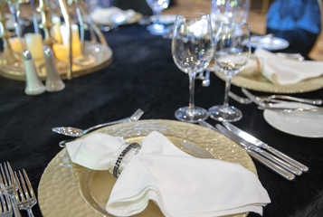 Serving on the table. Crystal glasses