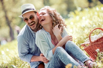 Couple celebrating date and enjoy in the park