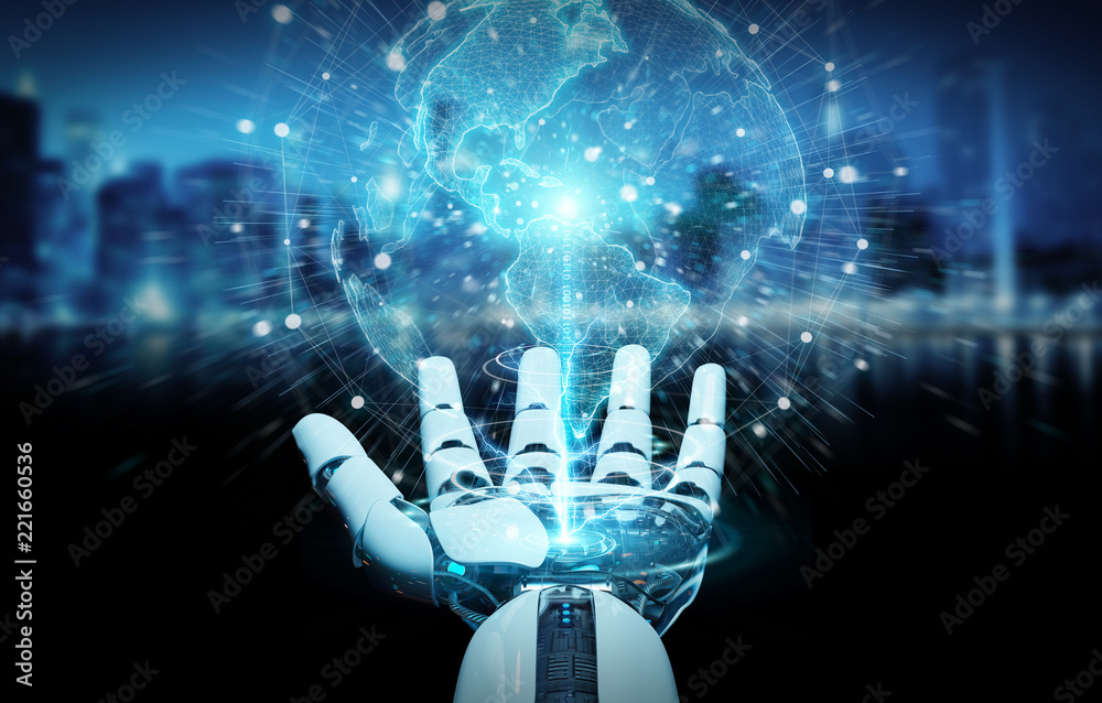Wall mural white cyborg hand using planet earth interface 3d rendering